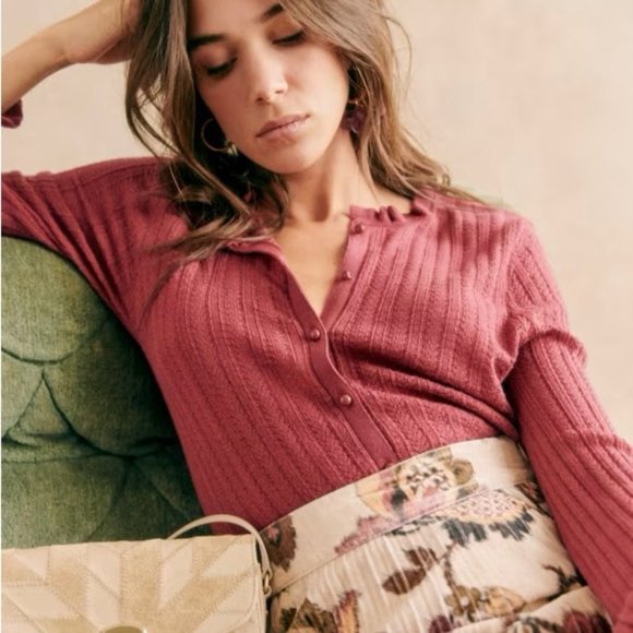 EUC Sezane Louis Ruffle Sleeve Cardigan in Rosewood Pink Merino Wool | size L - Picture 3 of 10